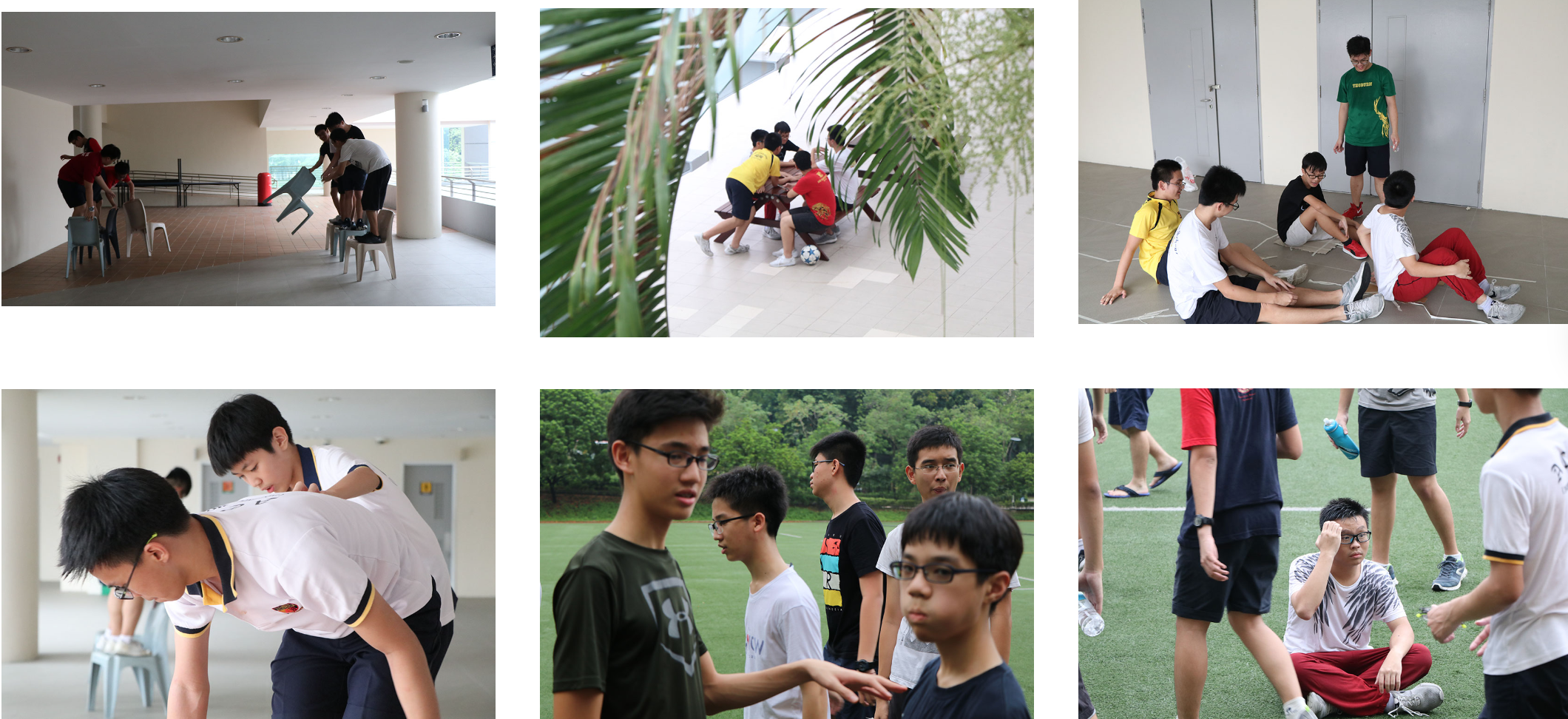 Six photos show teenage boys doing group activities indoors and outdoors, including games with chairs and a soccer ball.